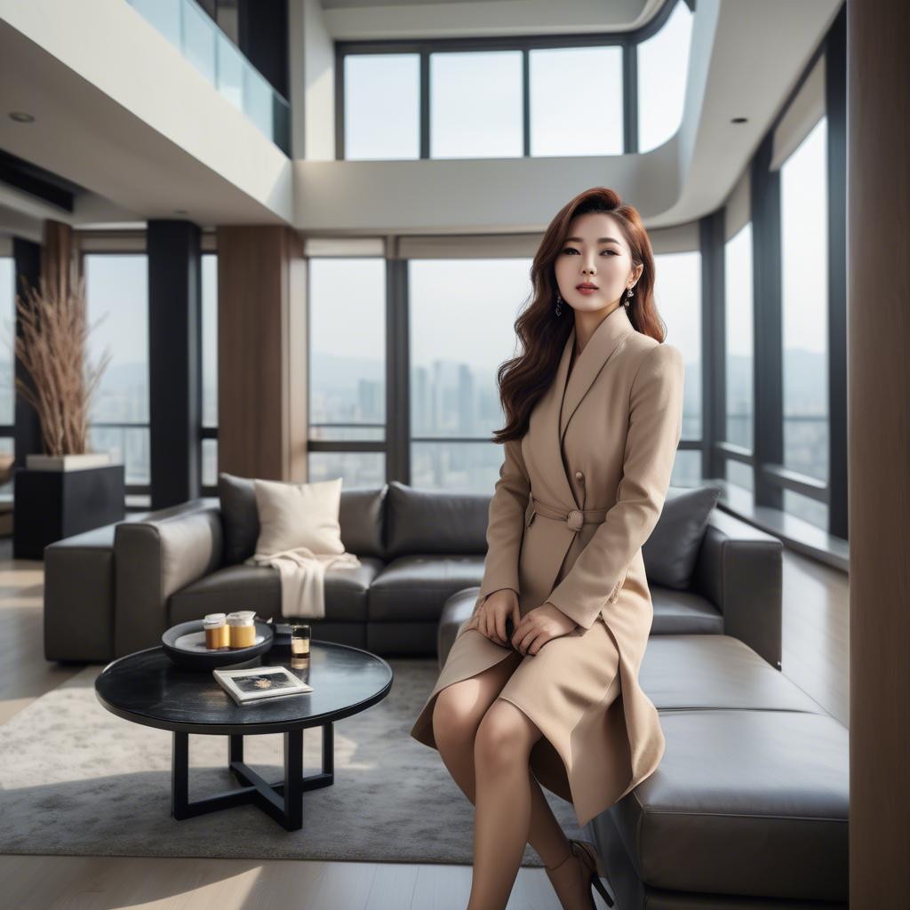 A stunning image of stylish korean woman in a luxury penthouse.