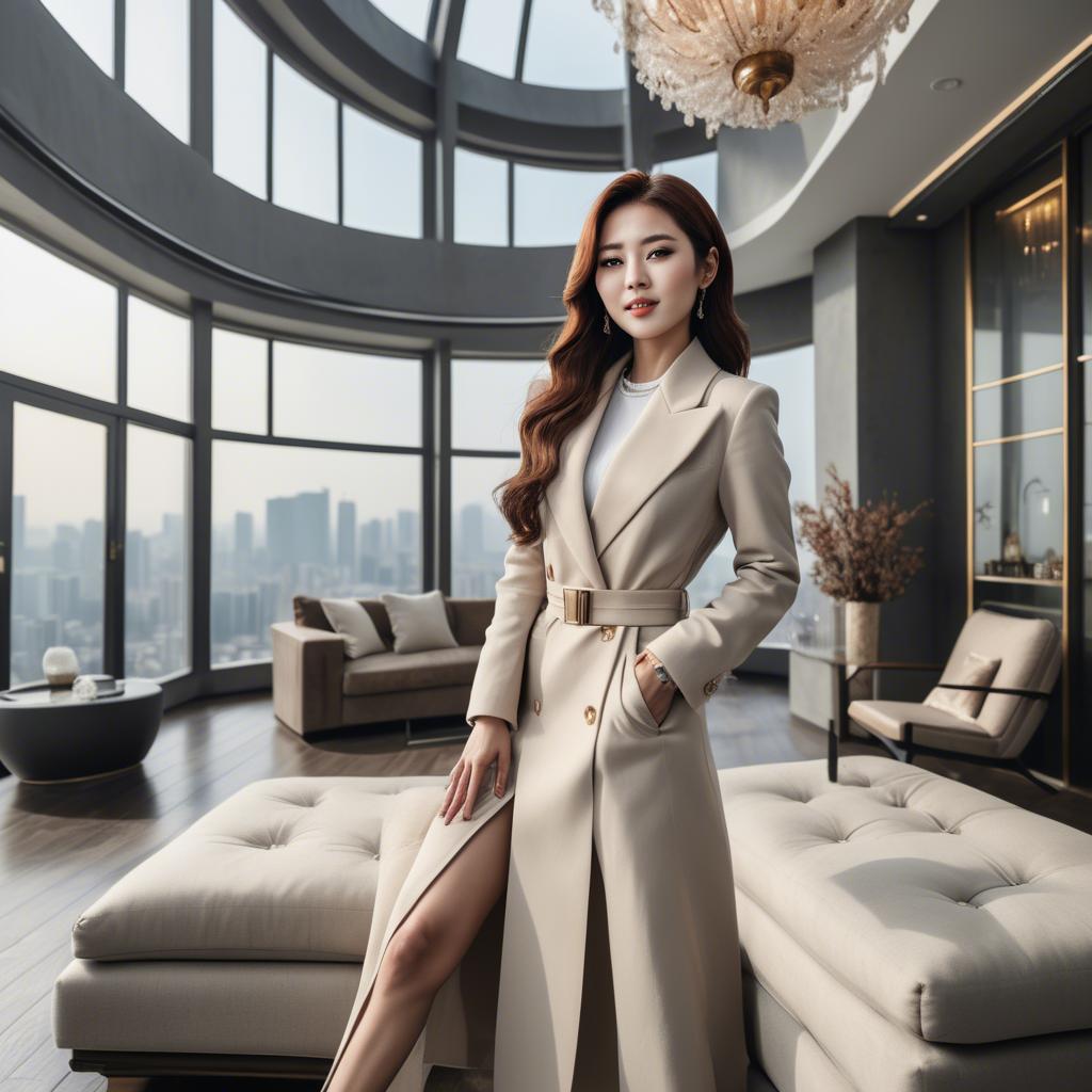 A stunning image of stylish korean woman in a luxury penthouse.