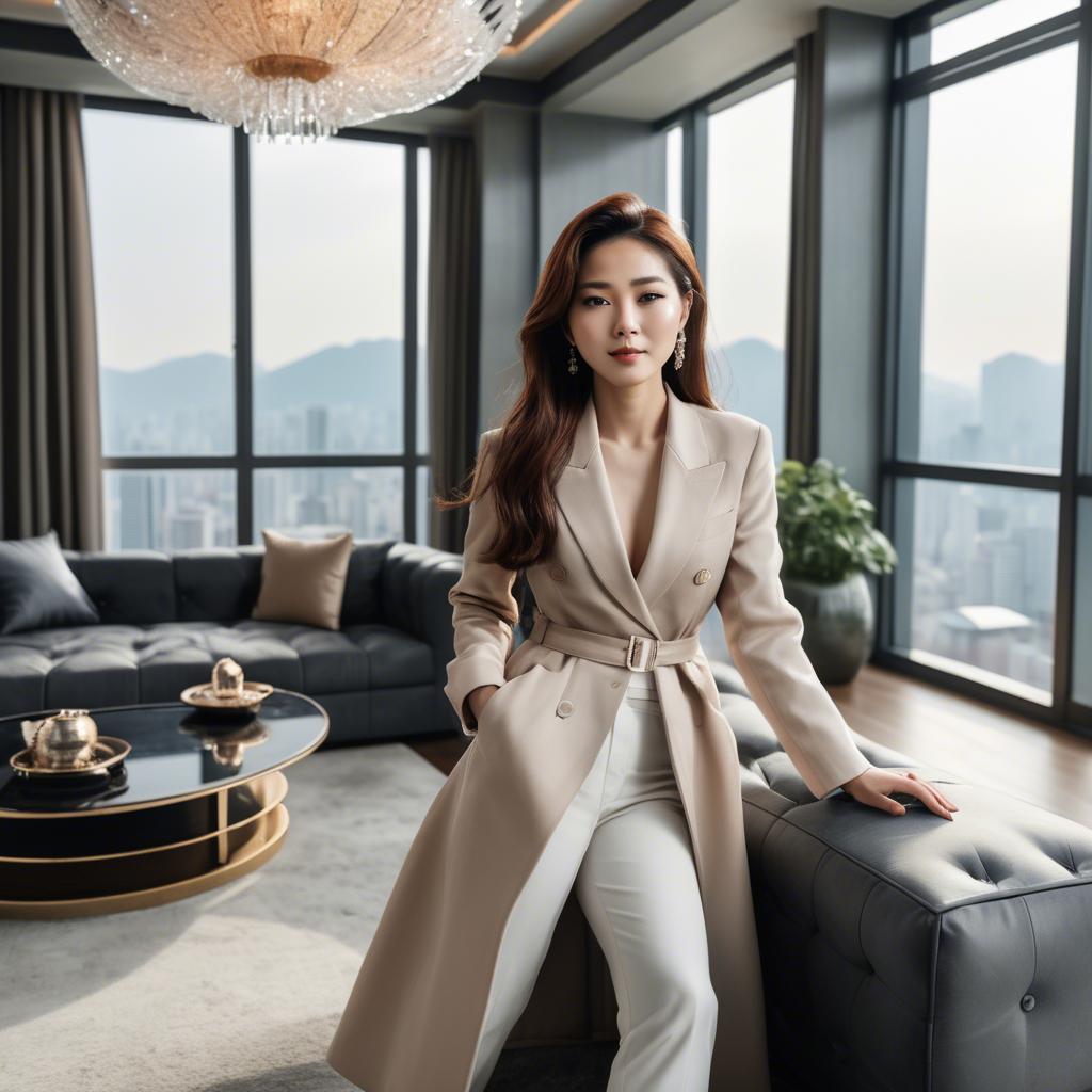 A stunning image of stylish korean woman in a luxury penthouse.