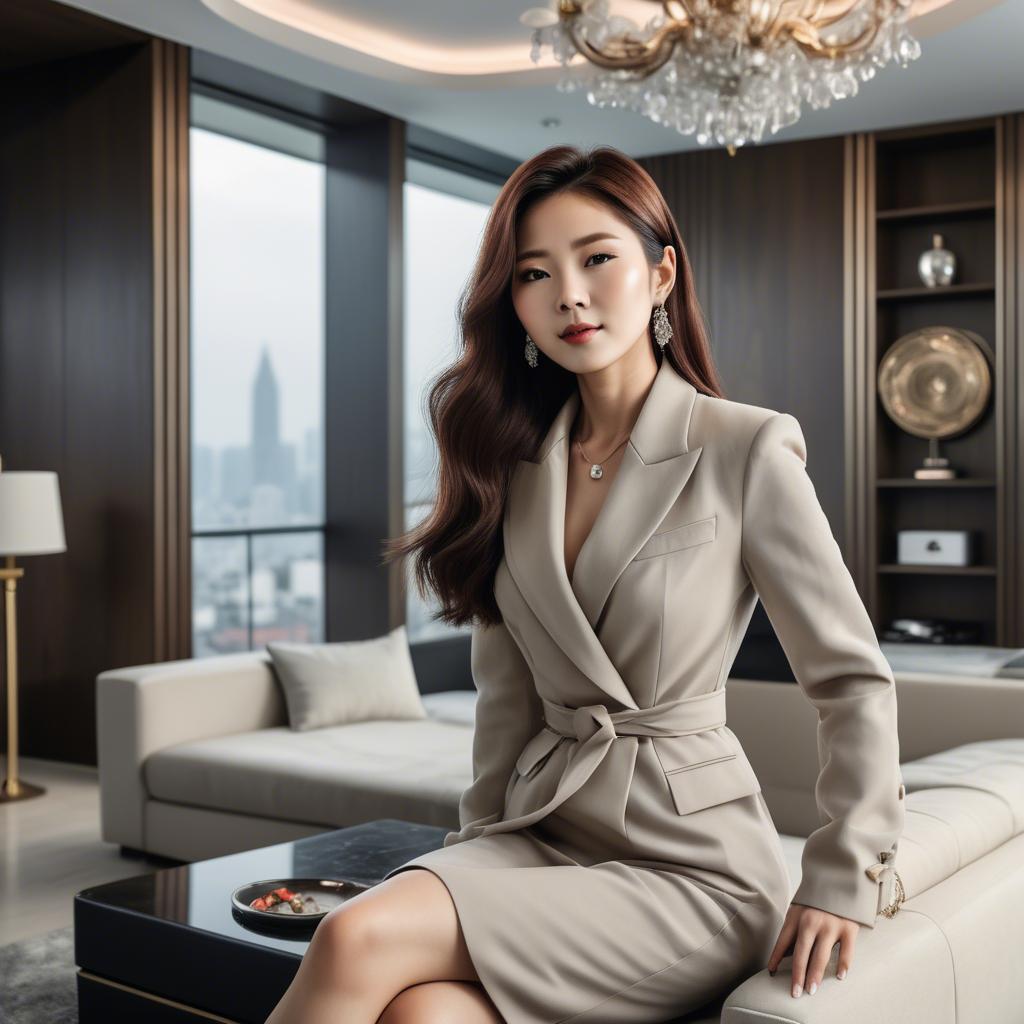 A stunning image of stylish korean woman in a luxury penthouse.