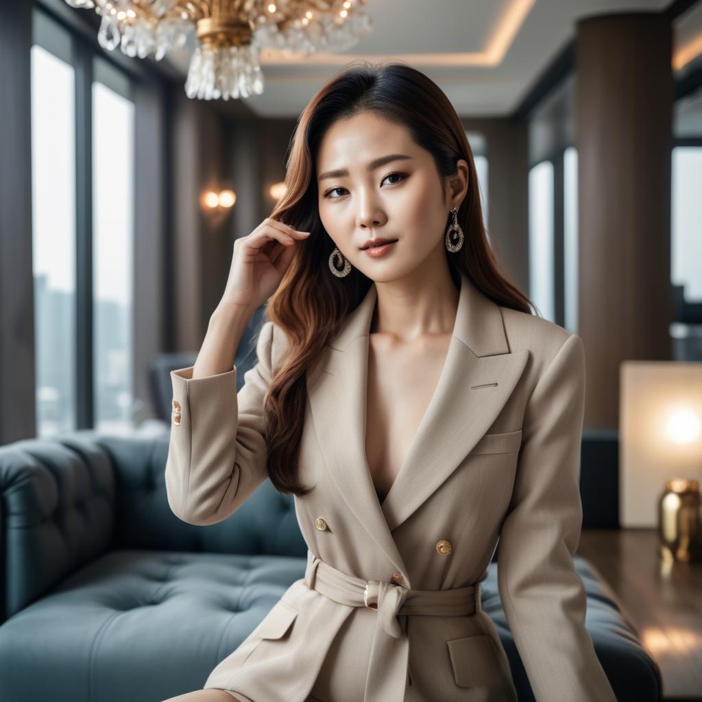 A stunning image of stylish korean woman in a luxury penthouse.