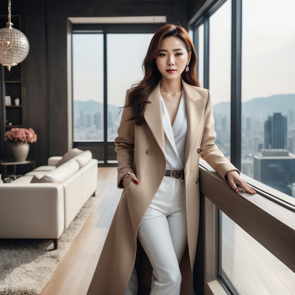A stunning image of stylish korean woman in a luxury penthouse.