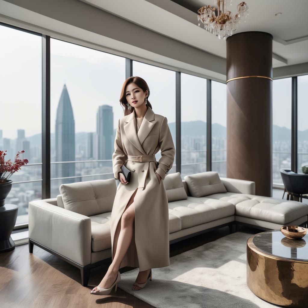A stunning image of stylish korean woman in a luxury penthouse.