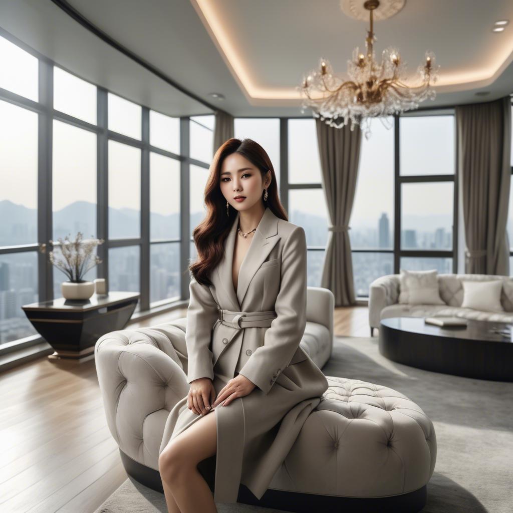 A stunning image of stylish korean woman in a luxury penthouse.