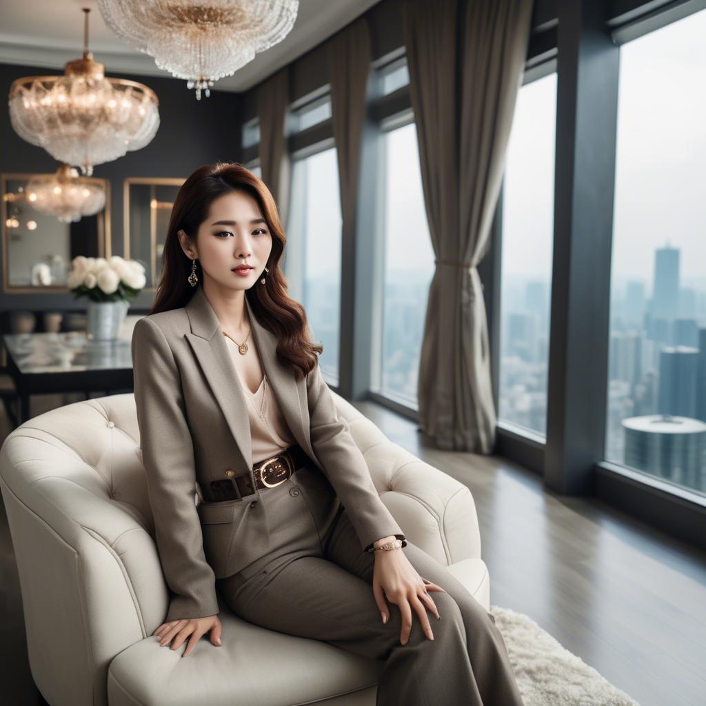A stunning image of stylish korean woman in a luxury penthouse.