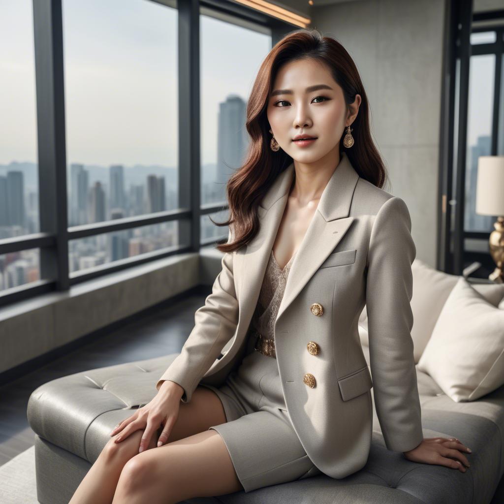 A stunning image of stylish korean woman in a luxury penthouse.