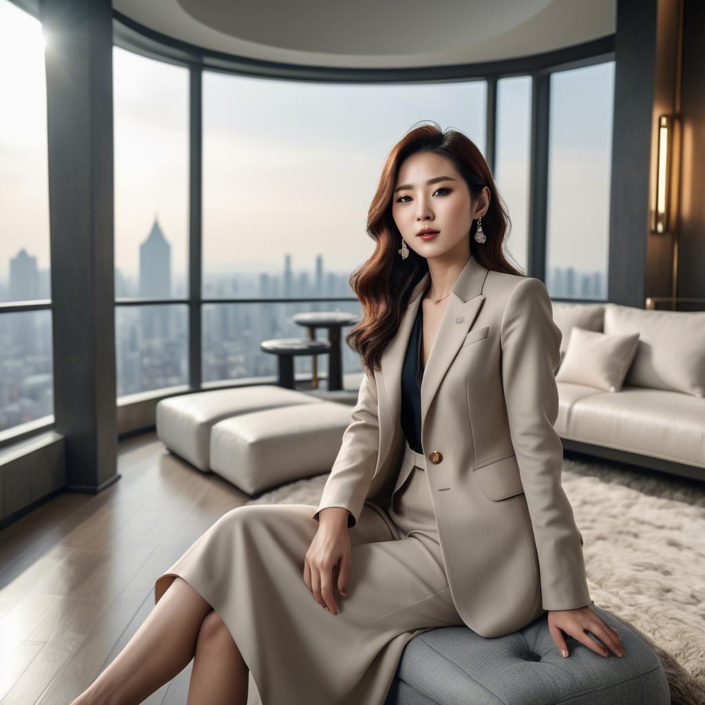 A stunning image of stylish korean woman in a luxury penthouse.