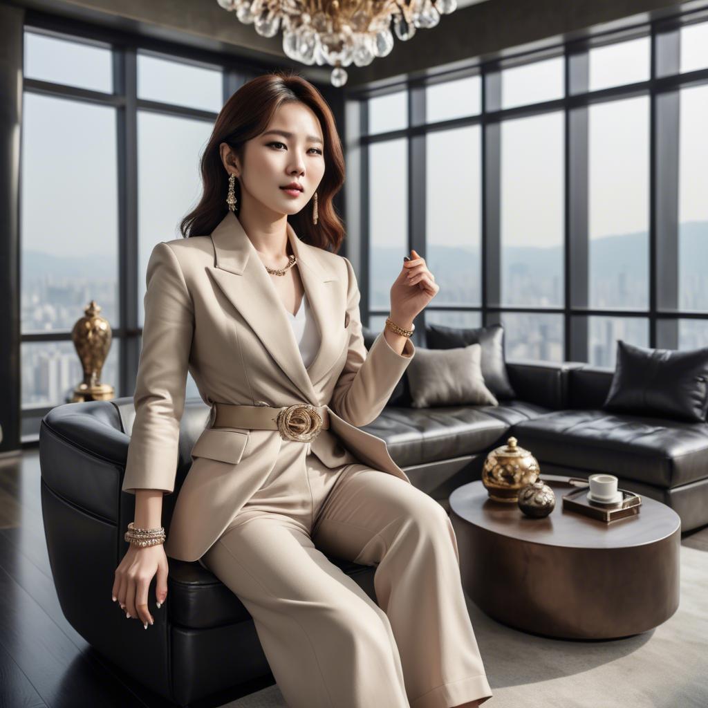 A stunning image of stylish korean woman in a luxury penthouse.