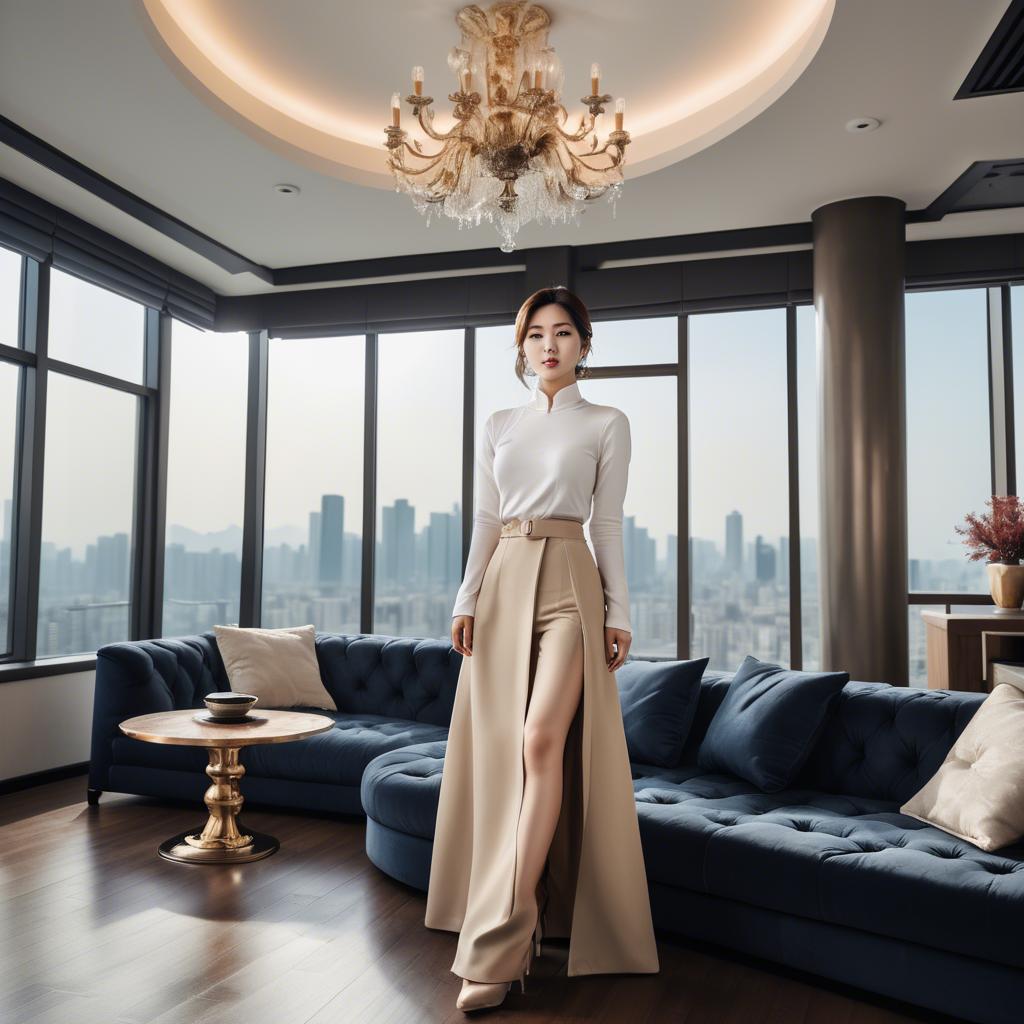 A stunning image of stylish korean woman in a luxury penthouse.