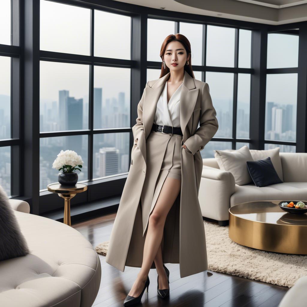A stunning image of stylish korean woman in a luxury penthouse.