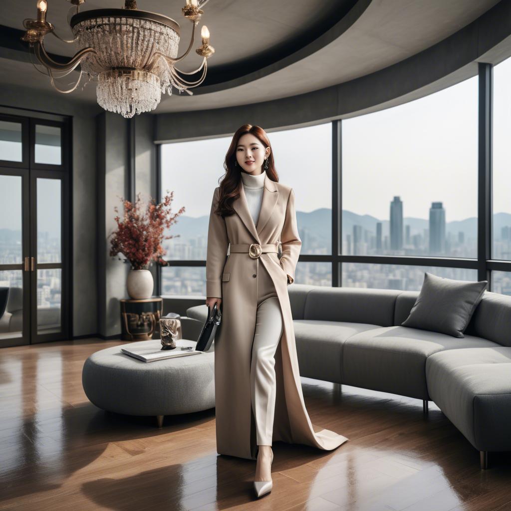 A stunning image of stylish korean woman in a luxury penthouse.