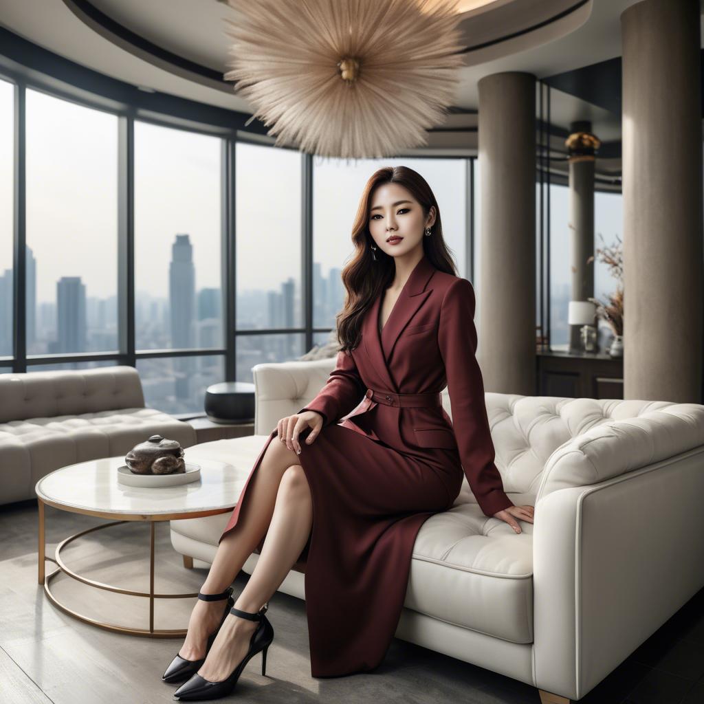 A stunning image of stylish korean woman in a luxury penthouse.