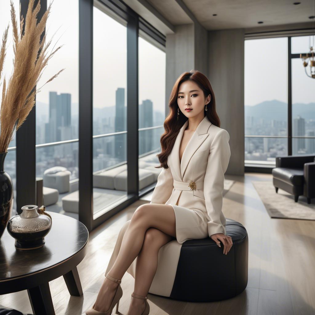 A stunning image of stylish korean woman in a luxury penthouse.