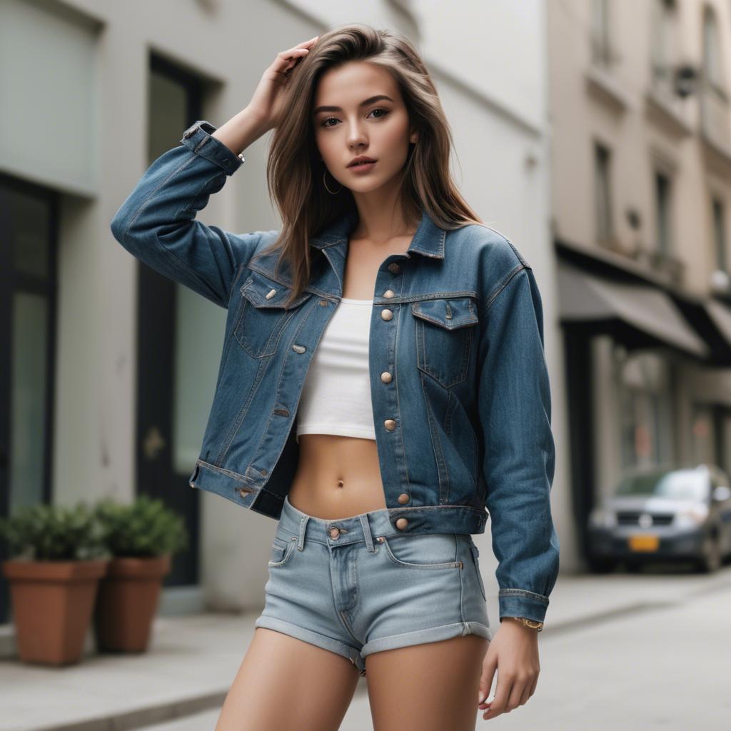 A stunning image of stylish model in a denim jacket and high-waisted shorts.