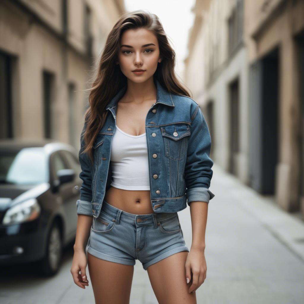 A stunning image of stylish model in a denim jacket and high-waisted shorts.
