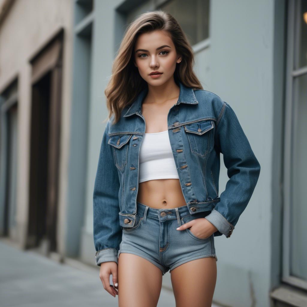 A stunning image of stylish model in a denim jacket and high-waisted shorts.