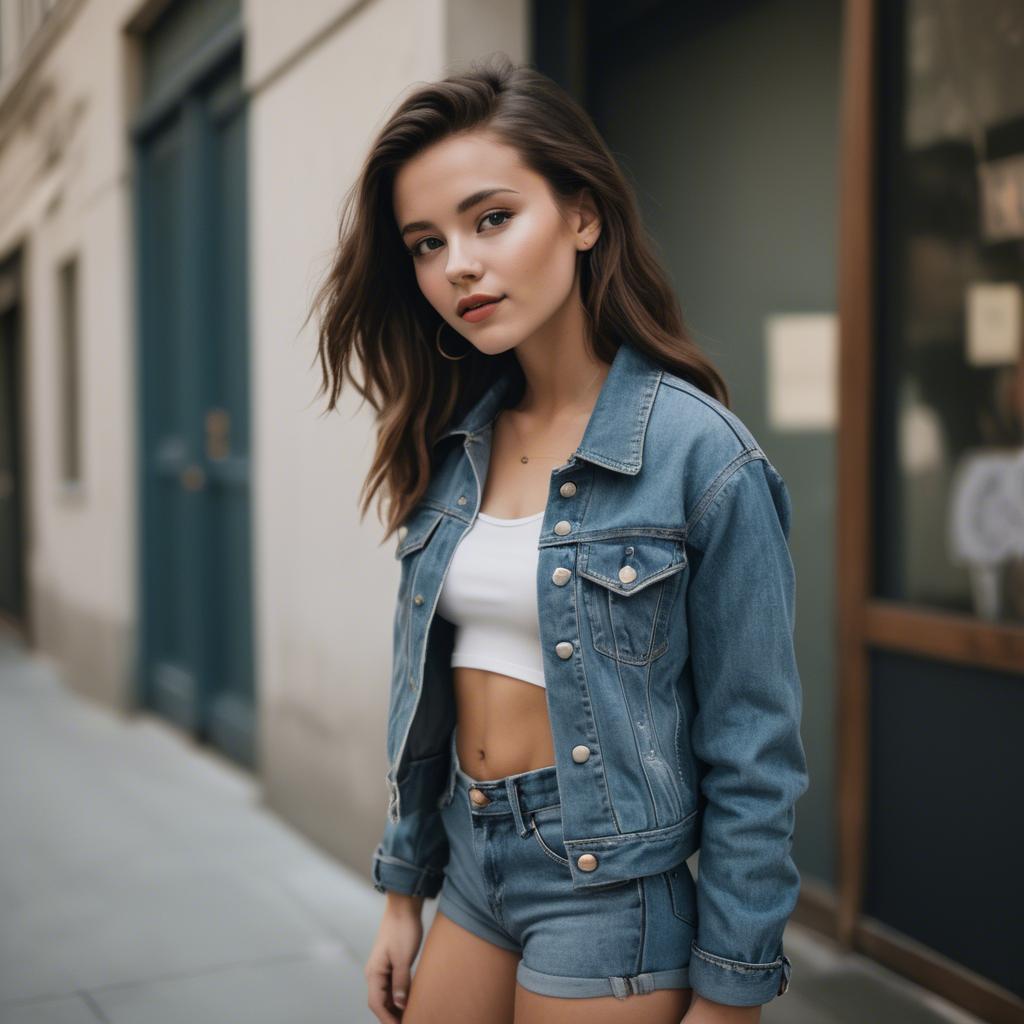 A stunning image of stylish model in a denim jacket and high-waisted shorts.