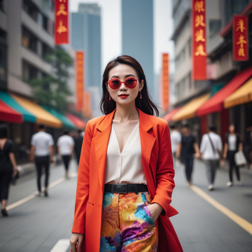 A stunning image of stylish modern chinese woman in a vibrant cityscape.