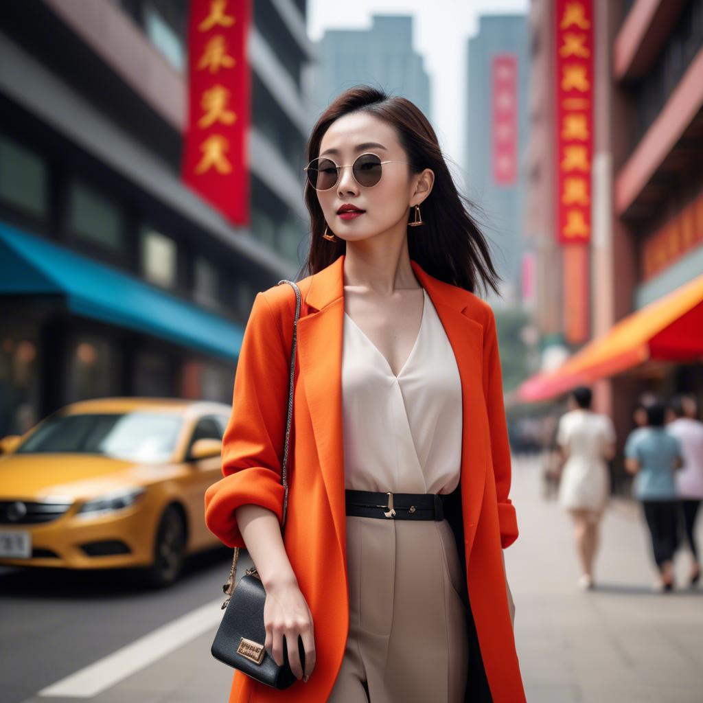 A stunning image of stylish modern chinese woman in a vibrant cityscape.