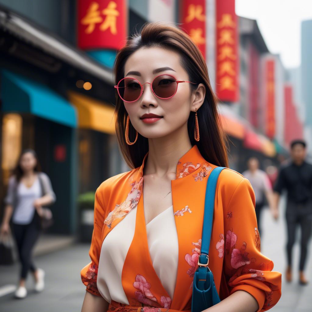 A stunning image of stylish modern chinese woman in a vibrant cityscape.