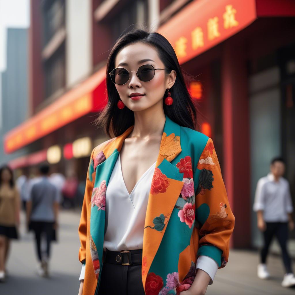 A stunning image of stylish modern chinese woman in a vibrant cityscape.