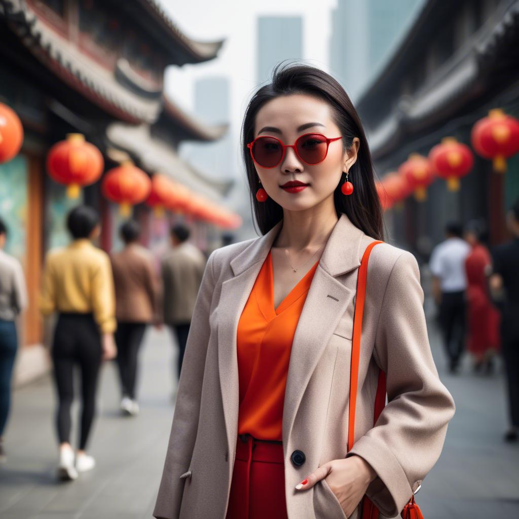 A stunning image of stylish modern chinese woman in a vibrant cityscape.