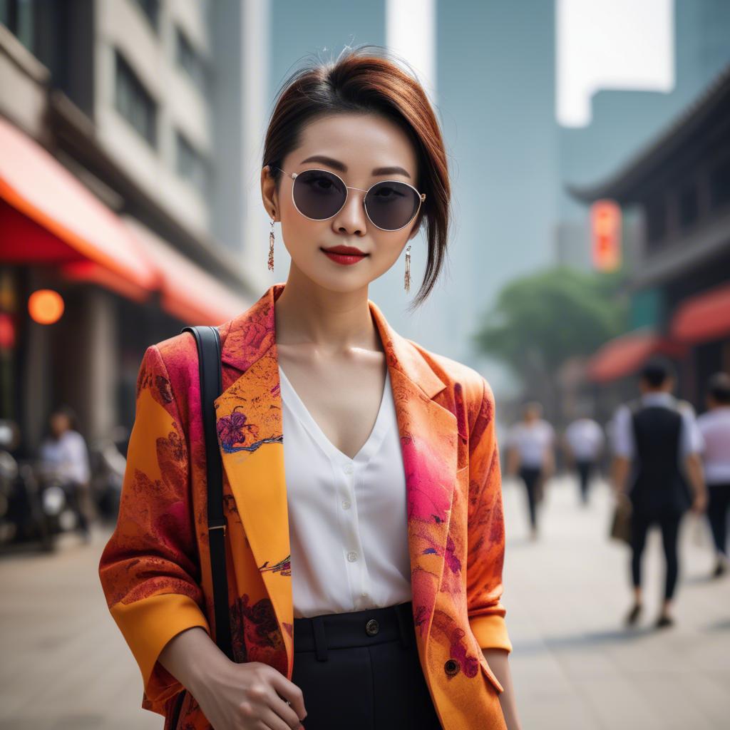 A stunning image of stylish modern chinese woman in a vibrant cityscape.