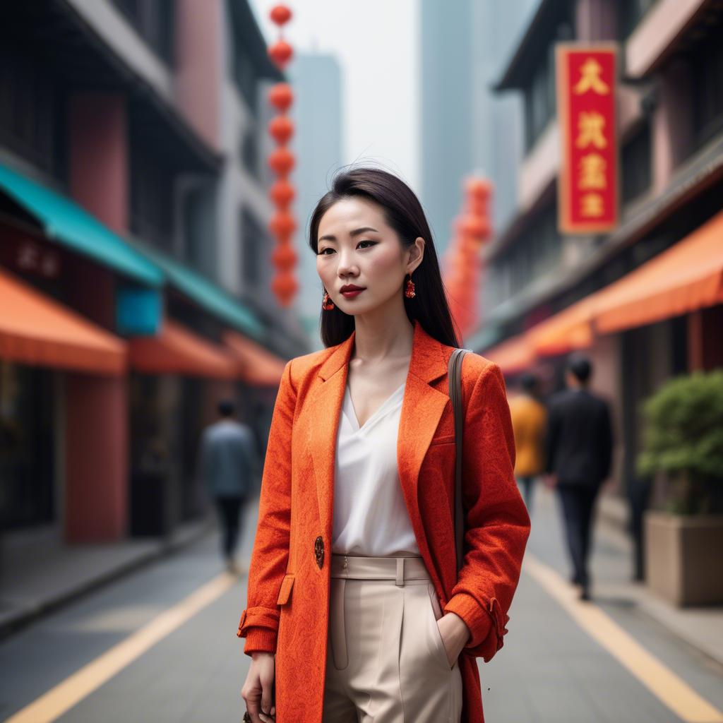 A stunning image of stylish modern chinese woman in a vibrant cityscape.