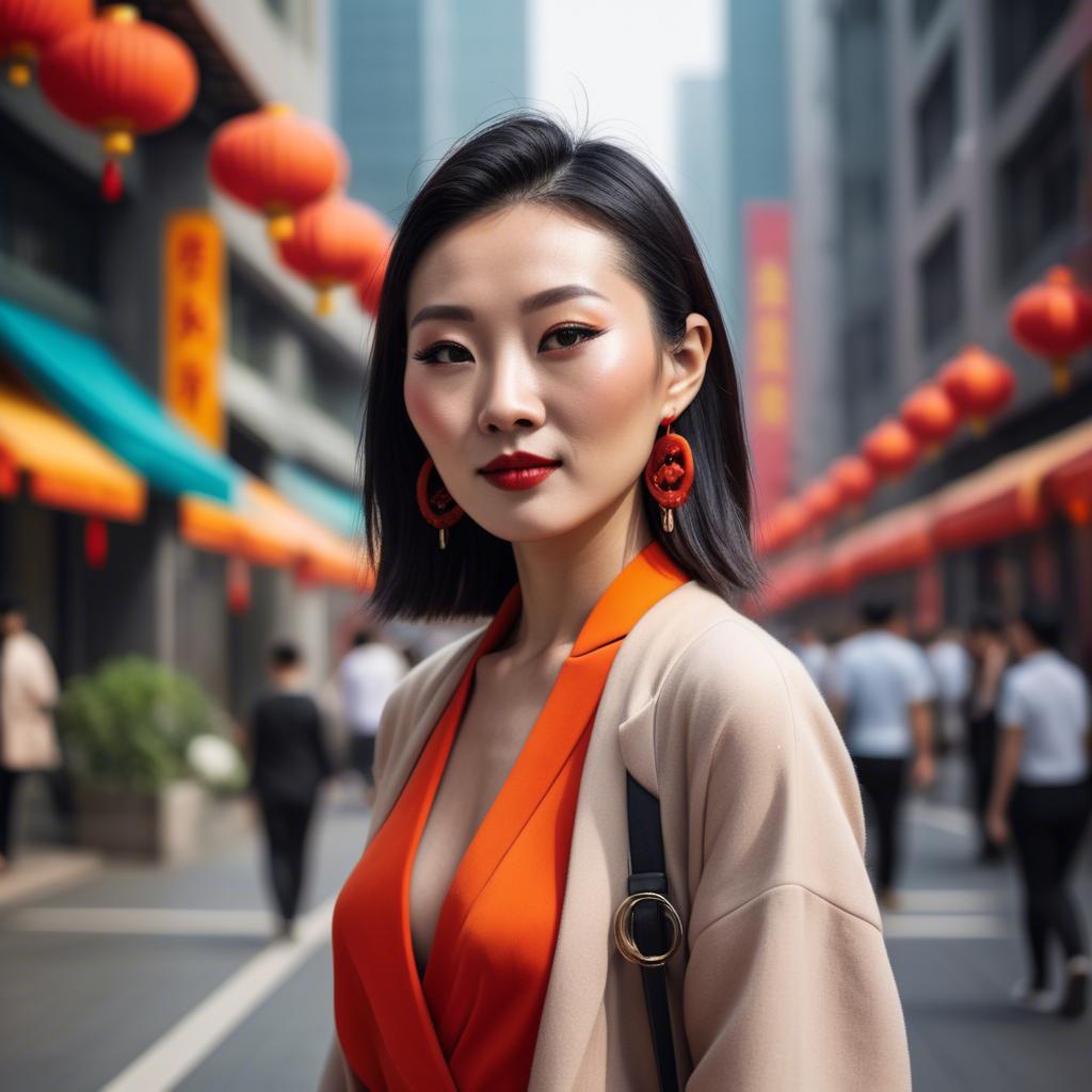 A stunning image of stylish modern chinese woman in a vibrant cityscape.