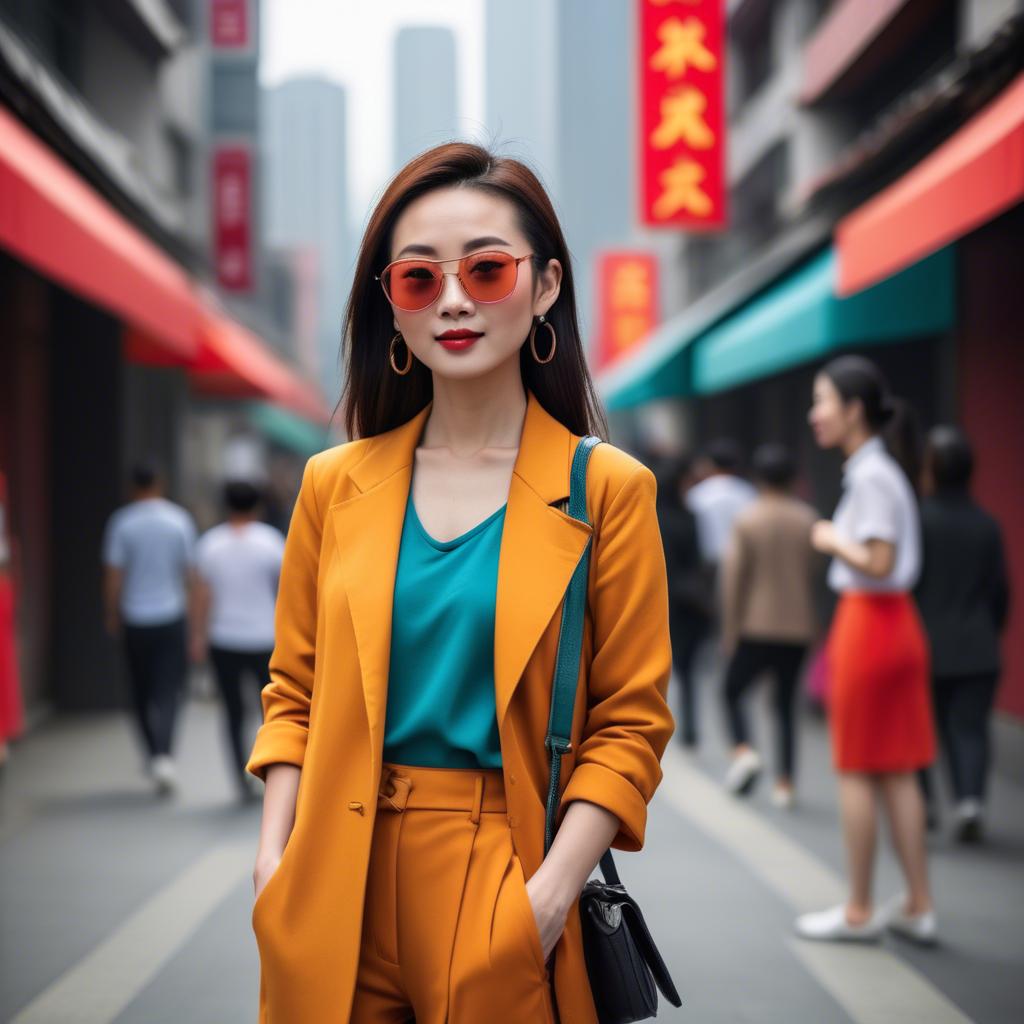 A stunning image of stylish modern chinese woman in a vibrant cityscape.