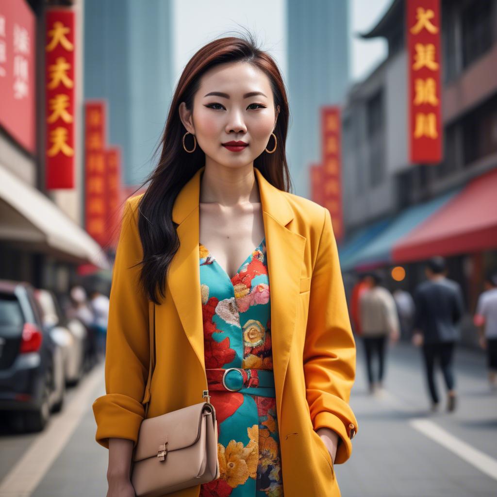 A stunning image of stylish modern chinese woman in a vibrant cityscape.