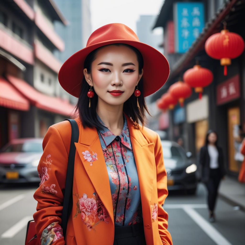 A stunning image of stylish modern chinese woman in a vibrant cityscape.