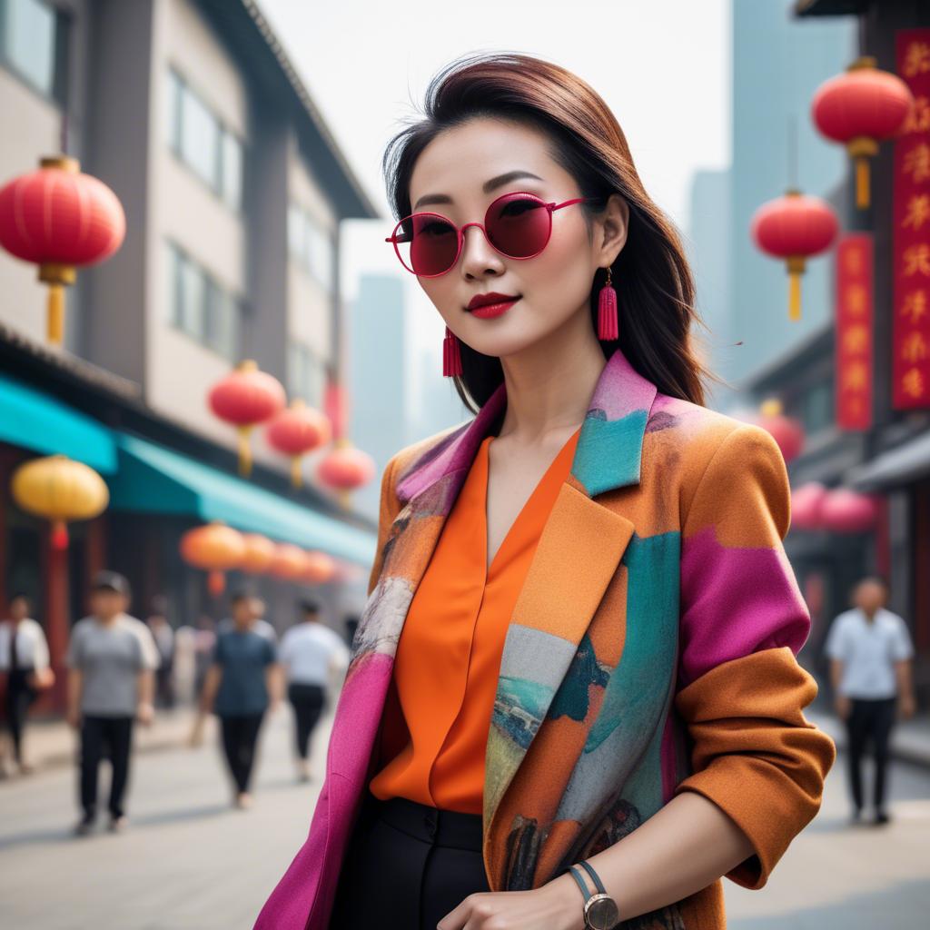 A stunning image of stylish modern chinese woman in a vibrant cityscape.