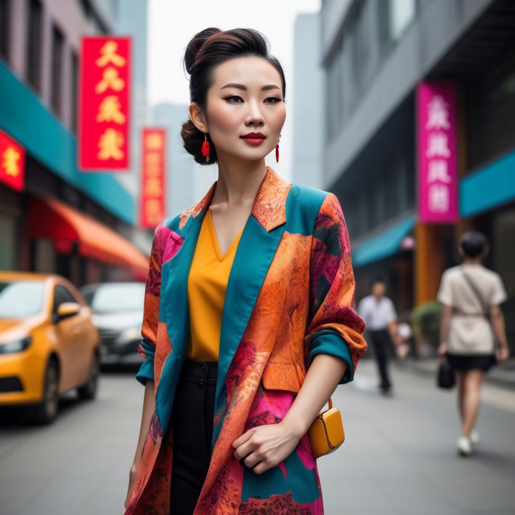 A stunning image of stylish modern chinese woman in a vibrant cityscape.