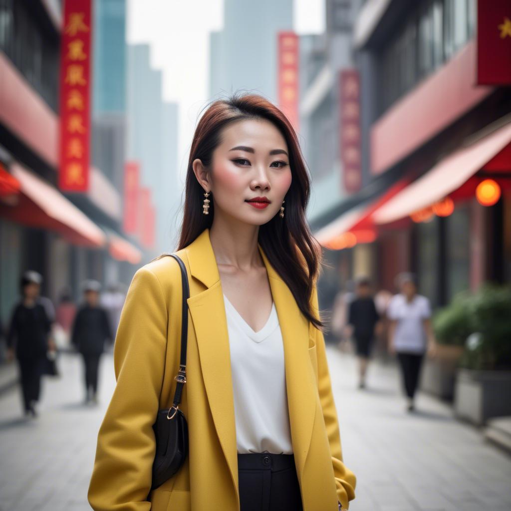 A stunning image of stylish modern chinese woman in a vibrant cityscape.