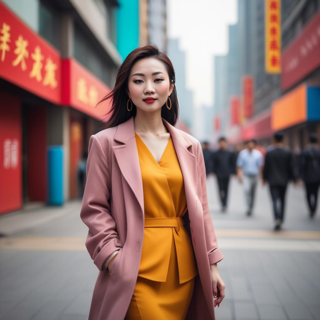 A stunning image of stylish modern chinese woman in a vibrant cityscape.