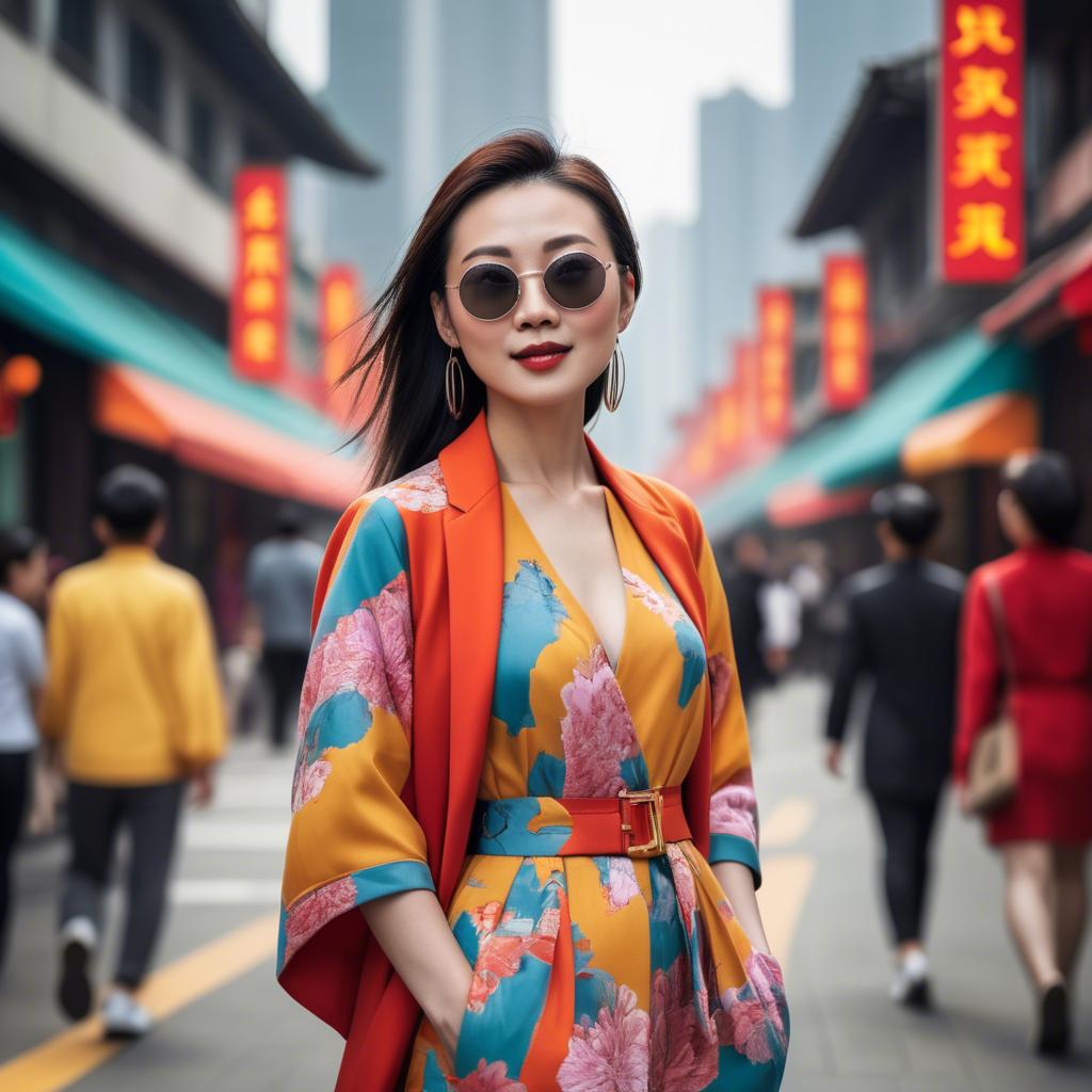A stunning image of stylish modern chinese woman in a vibrant cityscape.