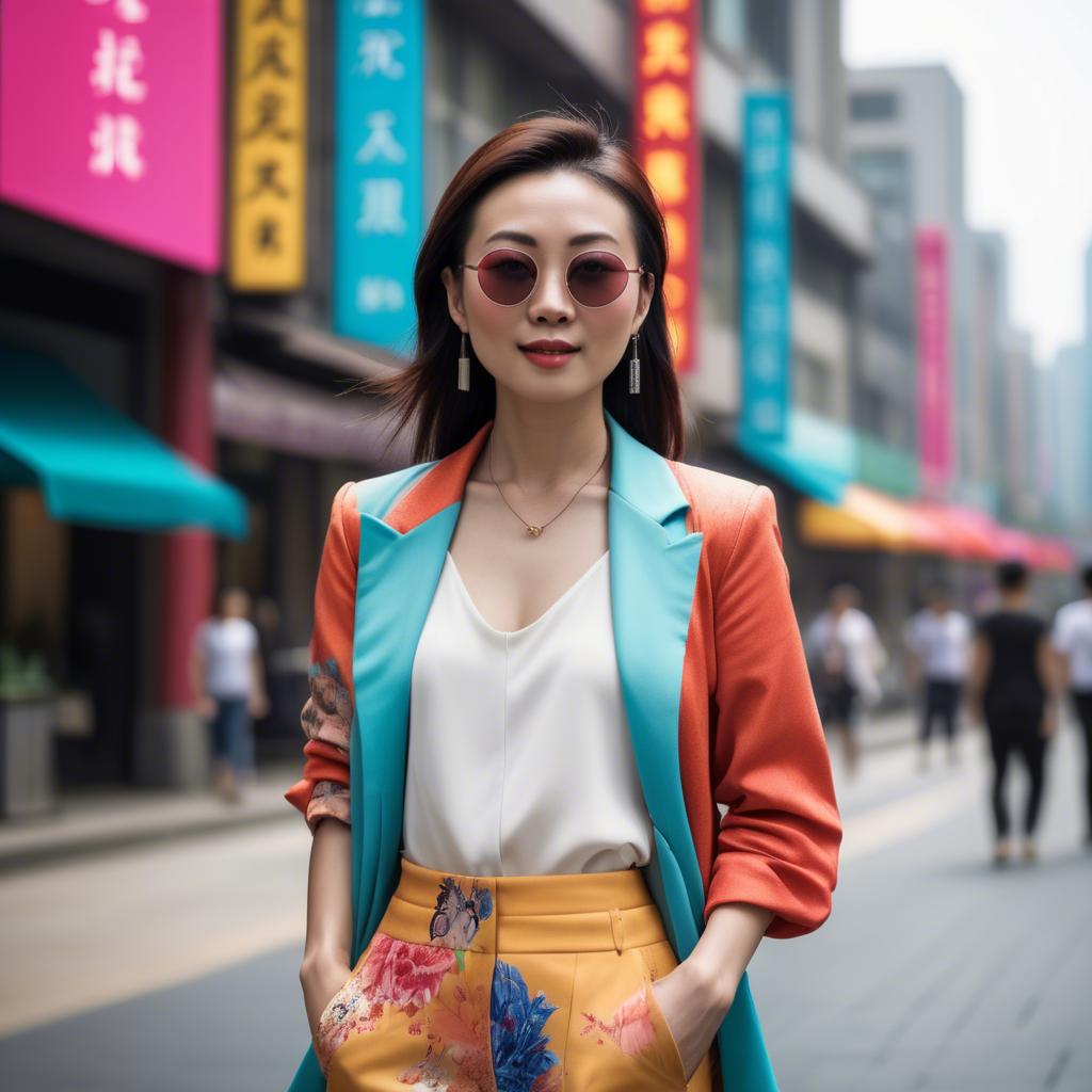 A stunning image of stylish modern chinese woman in a vibrant cityscape.