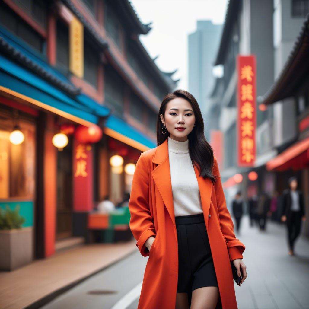 A stunning image of stylish modern chinese woman in a vibrant cityscape.