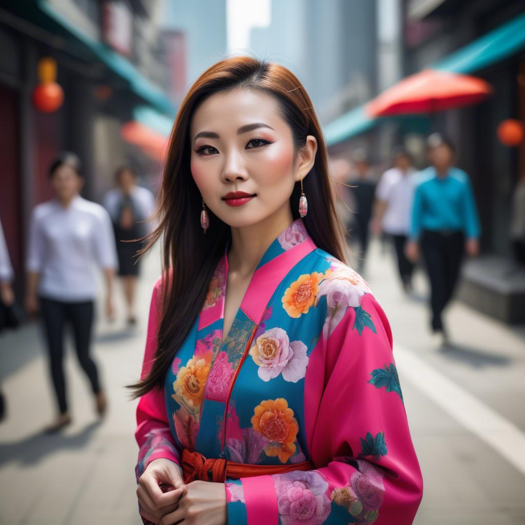 A stunning image of stylish modern chinese woman in a vibrant cityscape.