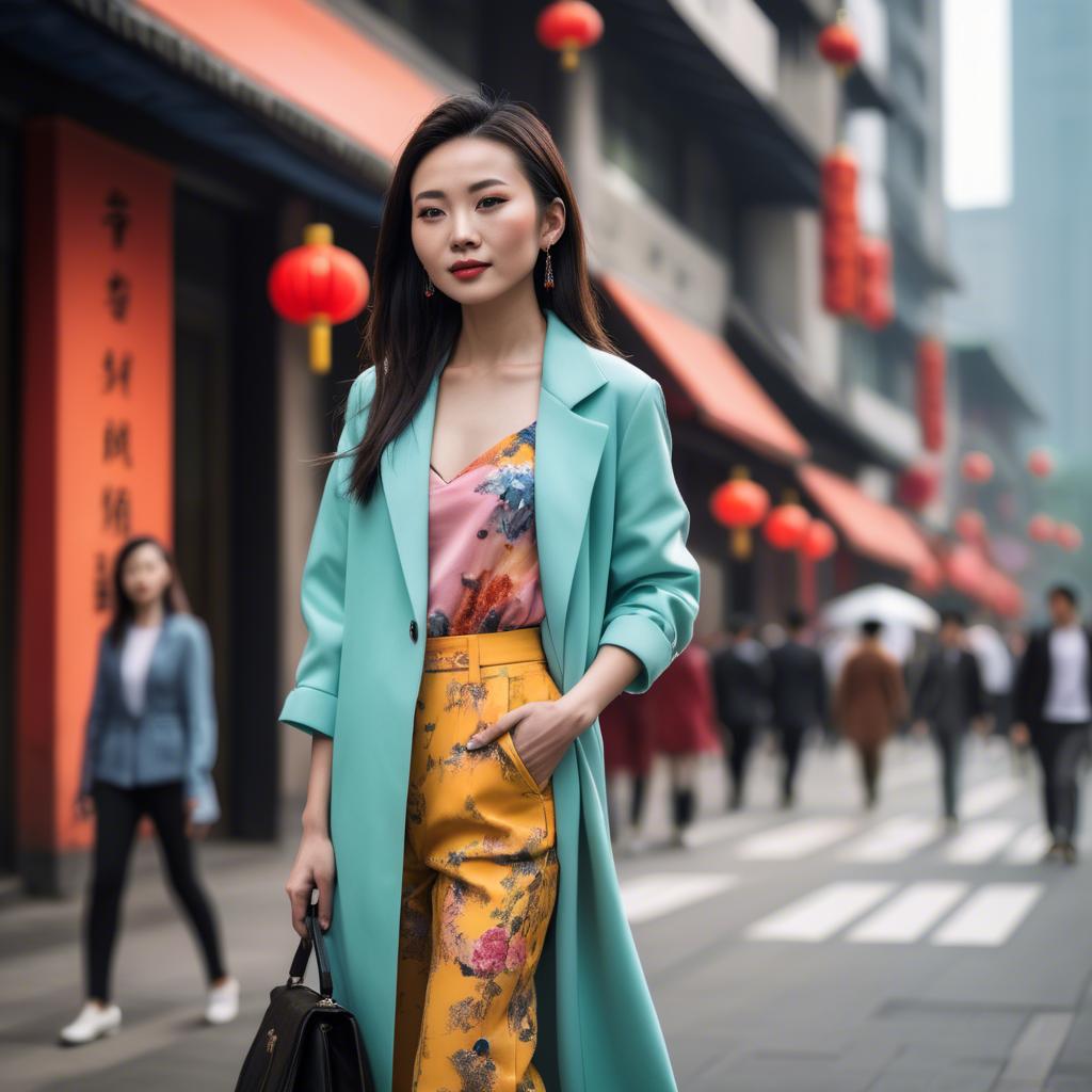 A stunning image of stylish modern chinese woman in a vibrant cityscape.