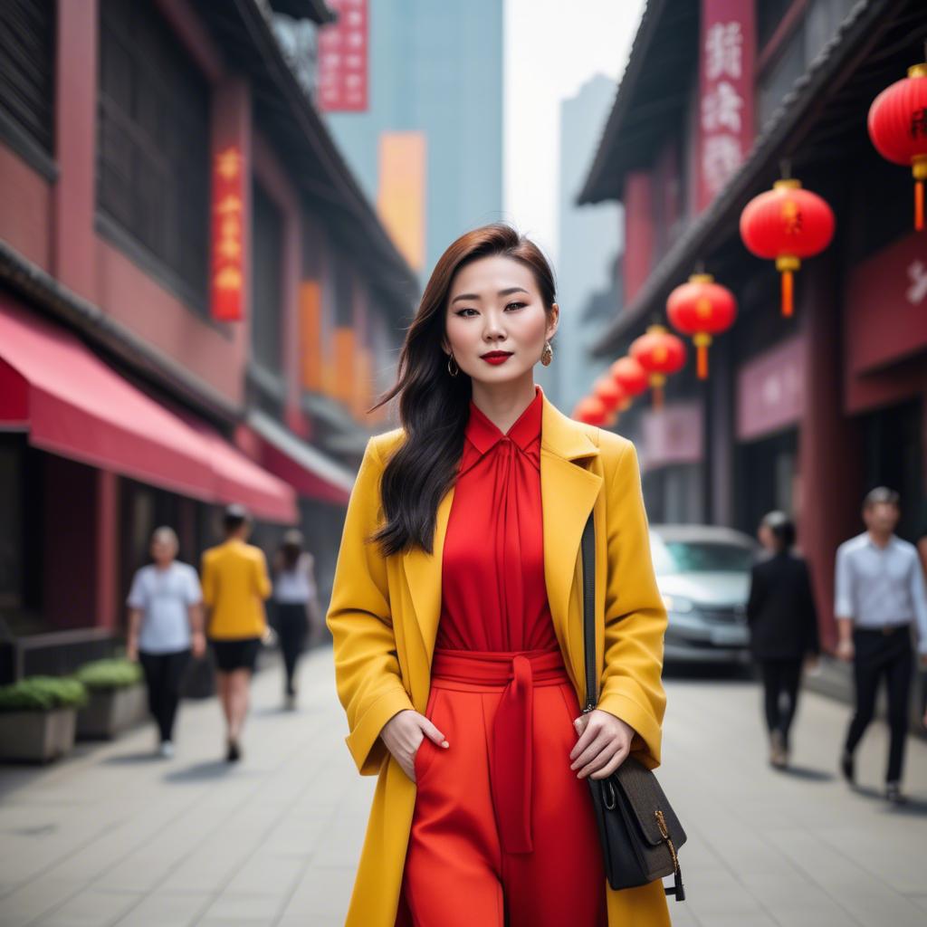 A stunning image of stylish modern chinese woman in a vibrant cityscape.