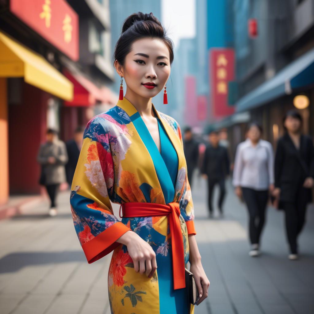 A stunning image of stylish modern chinese woman in a vibrant cityscape.