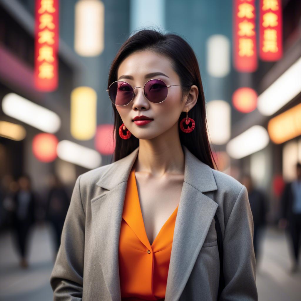 A stunning image of stylish modern chinese woman in a vibrant cityscape.