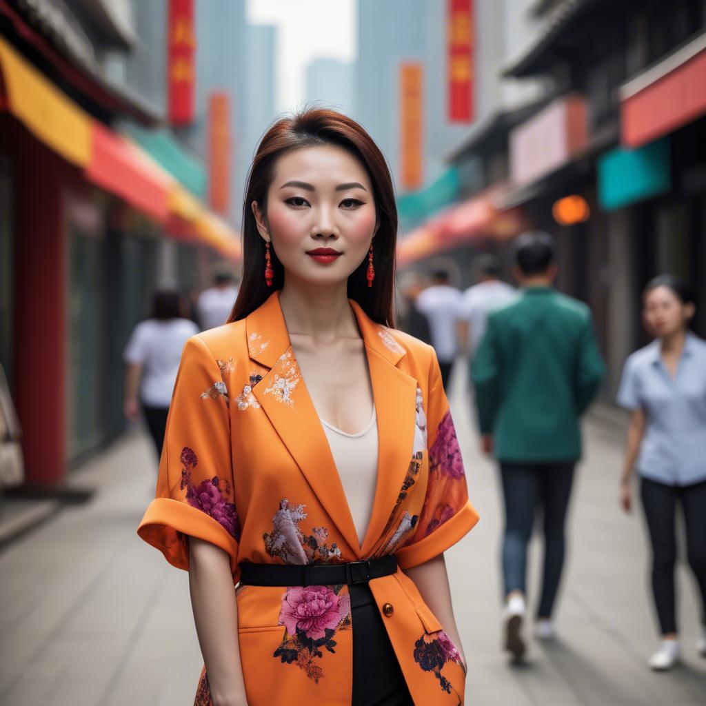 A stunning image of stylish modern chinese woman in a vibrant cityscape.