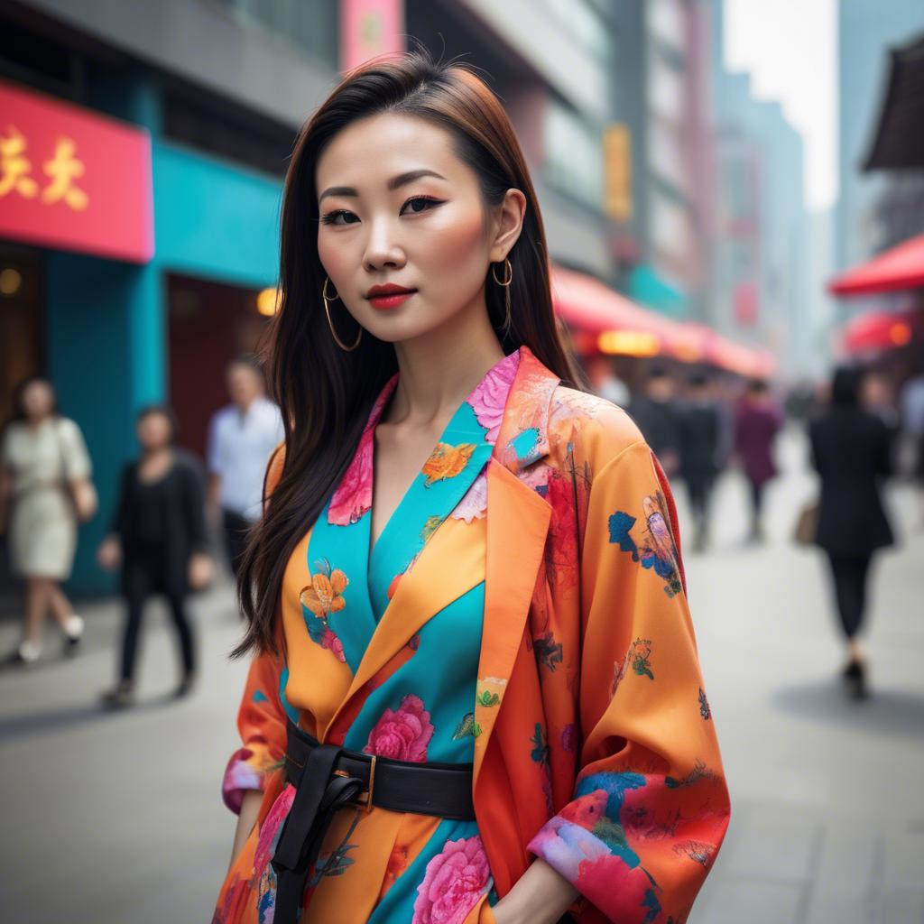 A stunning image of stylish modern chinese woman in a vibrant cityscape.