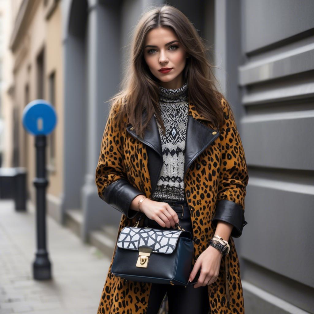 A stunning image of stylish urban girl with bold patterns and a leather bag.