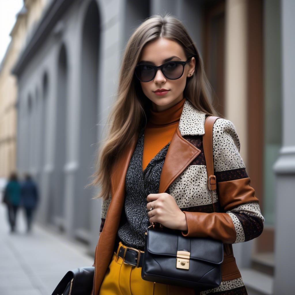 A stunning image of stylish urban girl with bold patterns and a leather bag.
