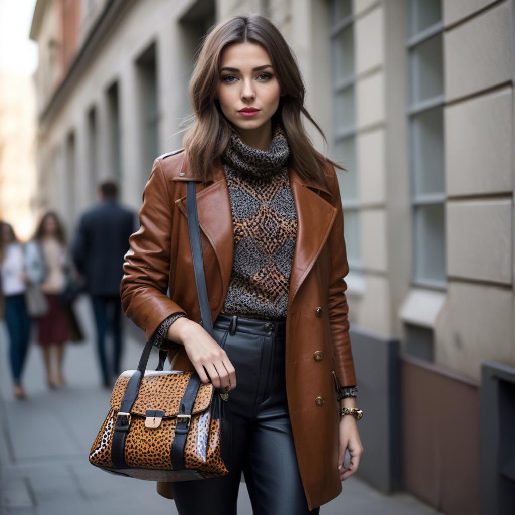 A stunning image of stylish urban girl with bold patterns and a leather bag.