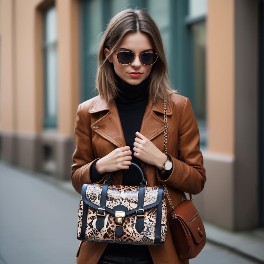 A stunning image of stylish urban girl with bold patterns and a leather bag.